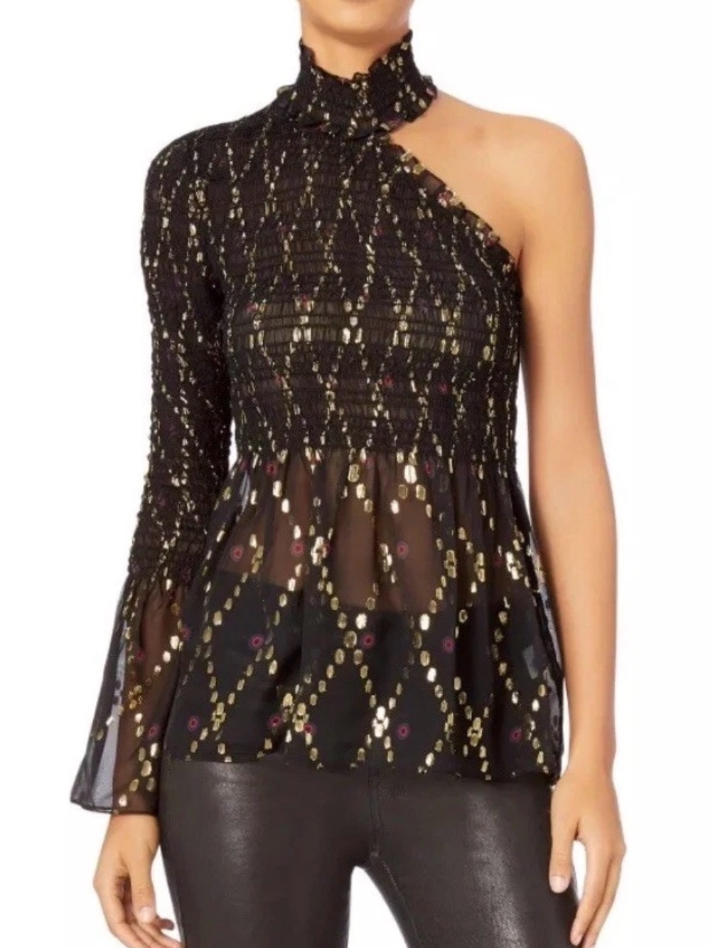 55% Off NWT!! ALC Smocked One-Shoulder Black Metallic Dot Peplum Top